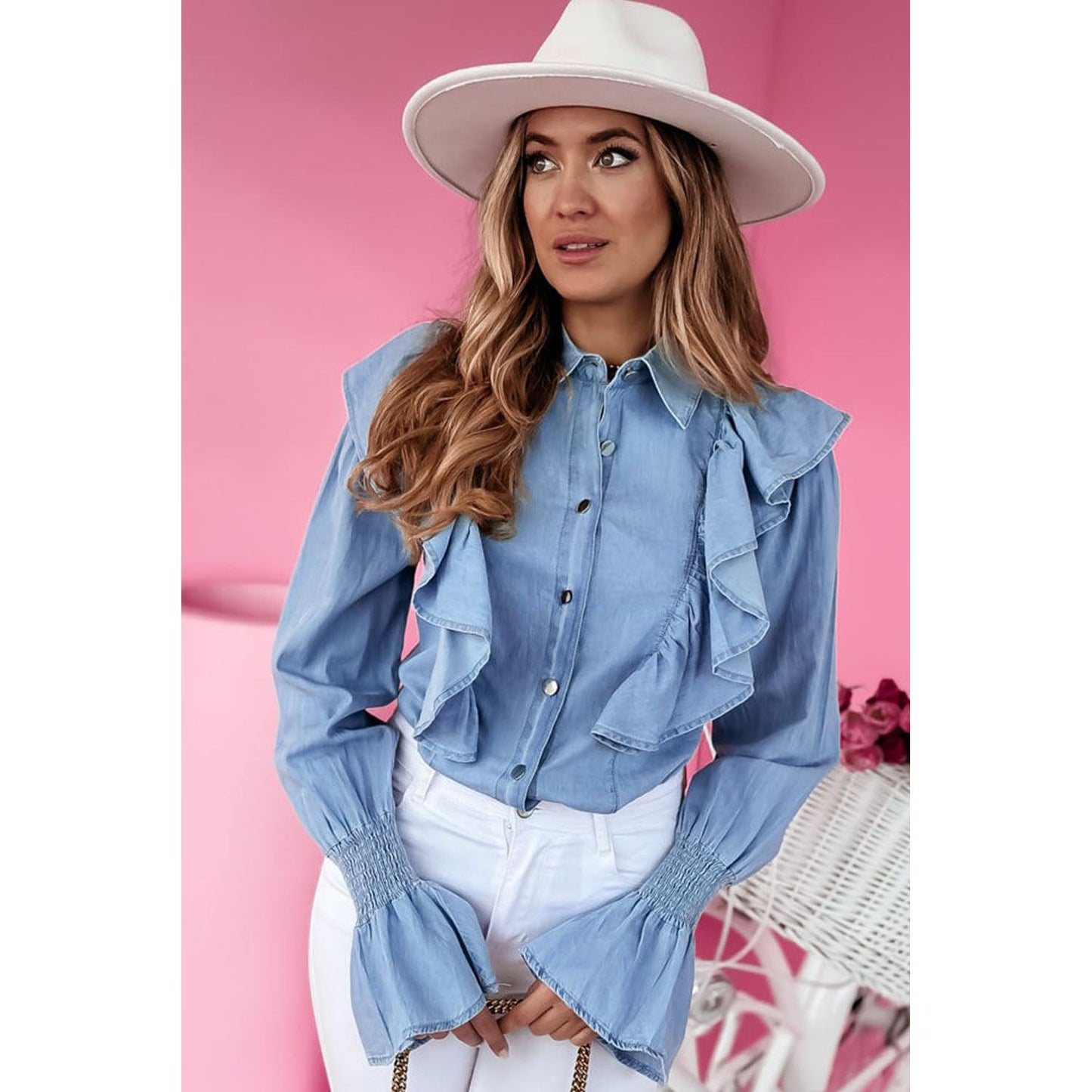 Ruffled Shirred Cuffs Button up Chambray Shirt