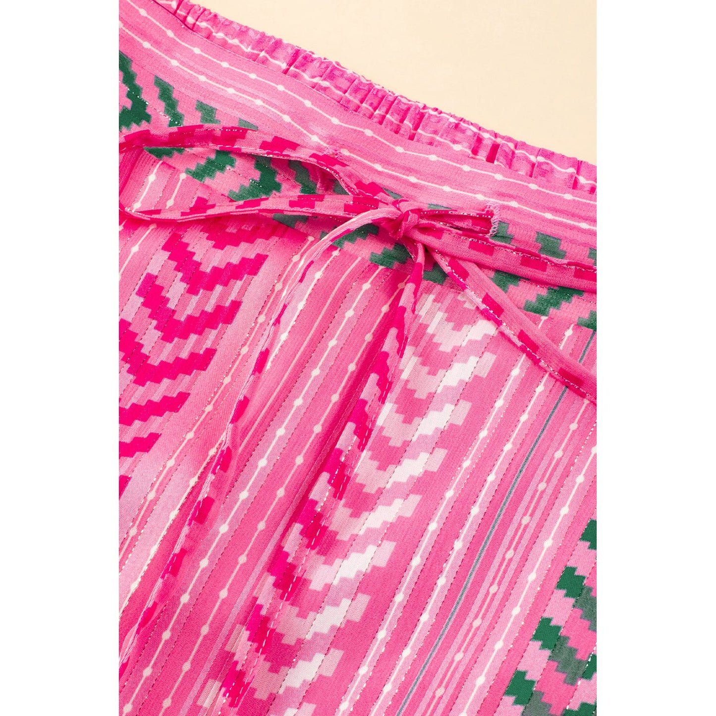 Pink Boho Printed Tasseled Drawstring Ruffled Maxi Skirt