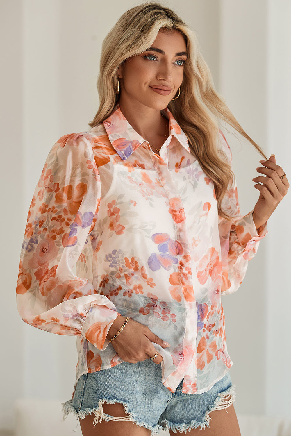 White Floral Print Buttoned Balloon Sleeve Shirt