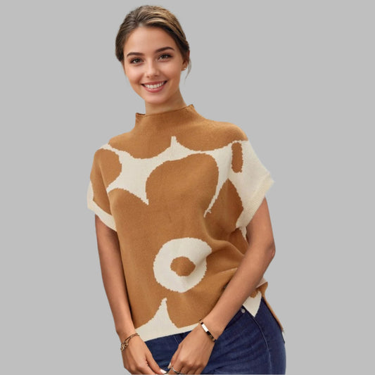 Camel Flower Print Mock Neck Knit Top