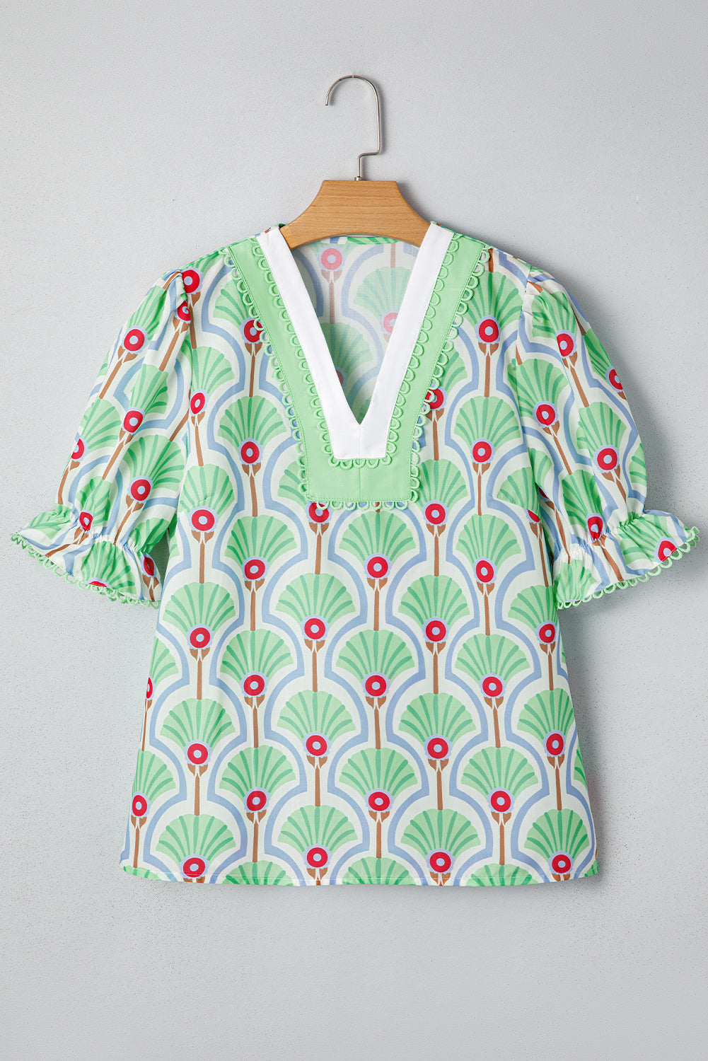 Green Floral Print Ricrac Trim Pop of Color V Neck Bubble Sleeve Blouse