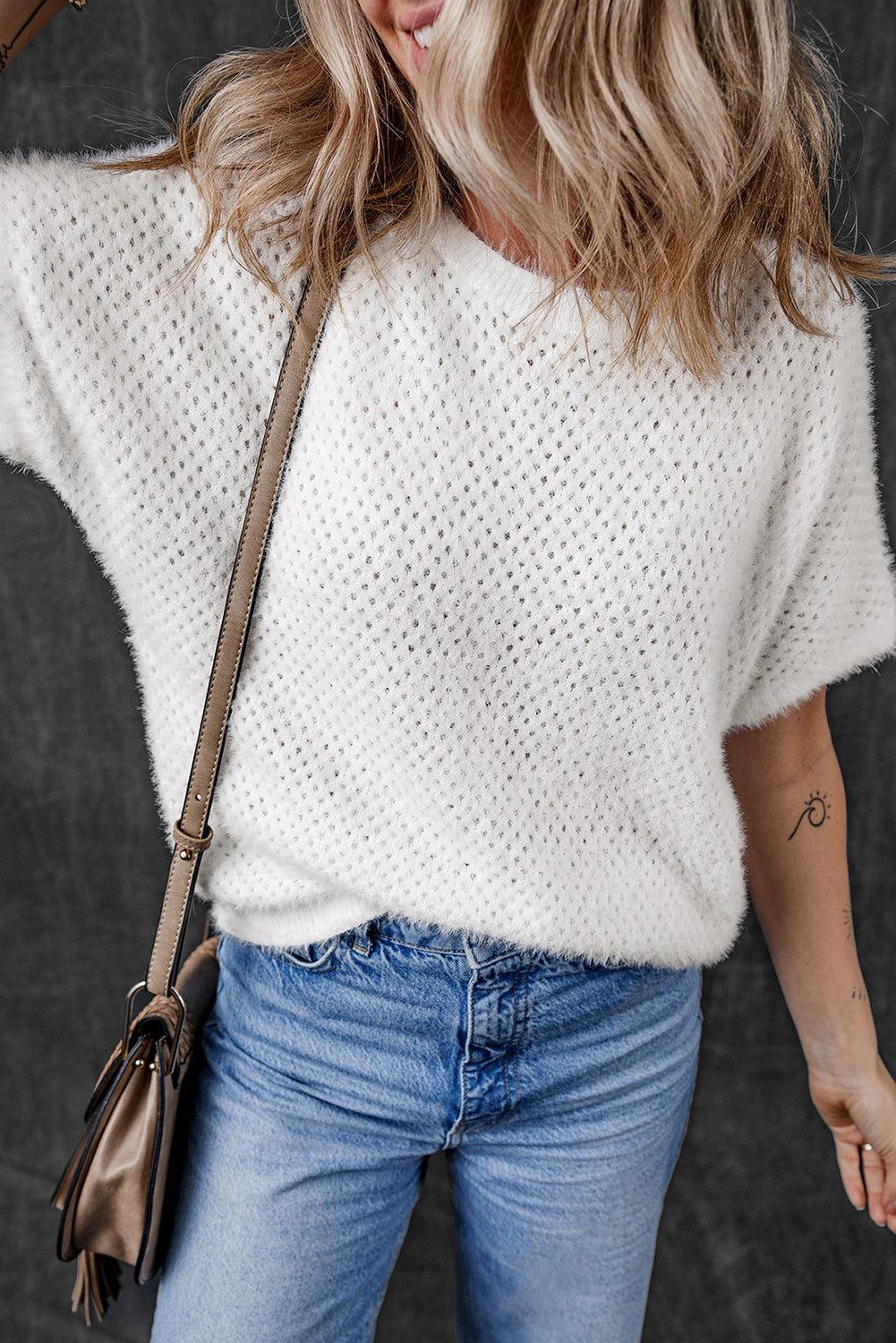 White Fuzzy Eyelet Knitted Sweater