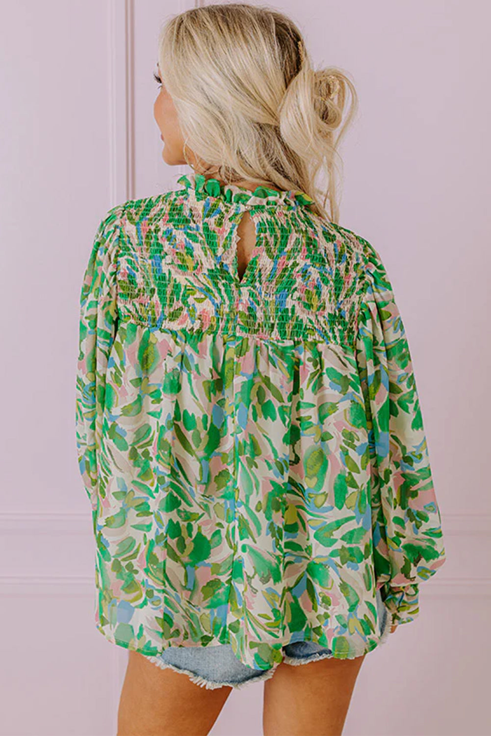 Green Abstract Print Puff Sleeve Blouse