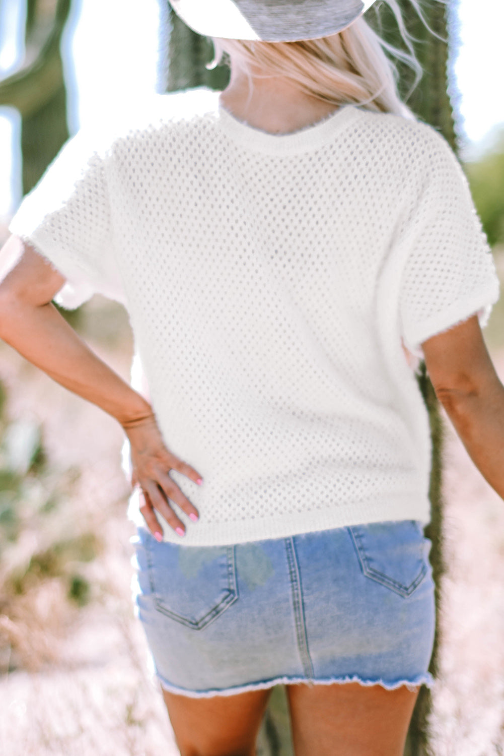 White Fuzzy Eyelet Knitted Sweater