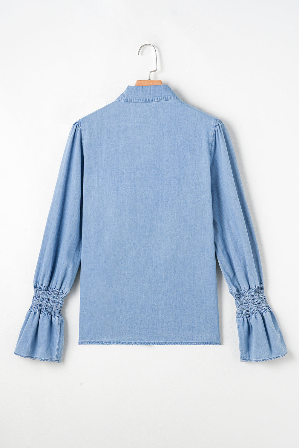 Ruffled Shirred Cuffs Button up Chambray Shirt