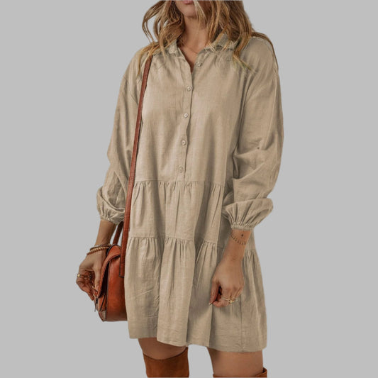 Tan Puff Sleeve Buttoned Tiered Pleated Shirt Mini Dress