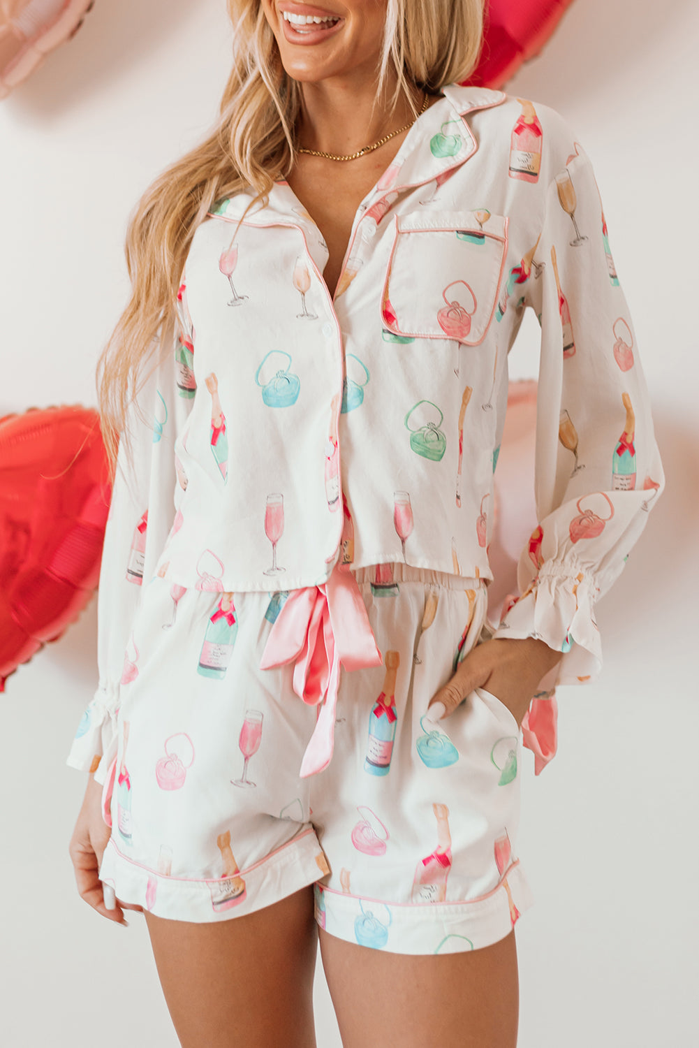 Wine Glass Print Bow Knot Two Piece Pajama Set