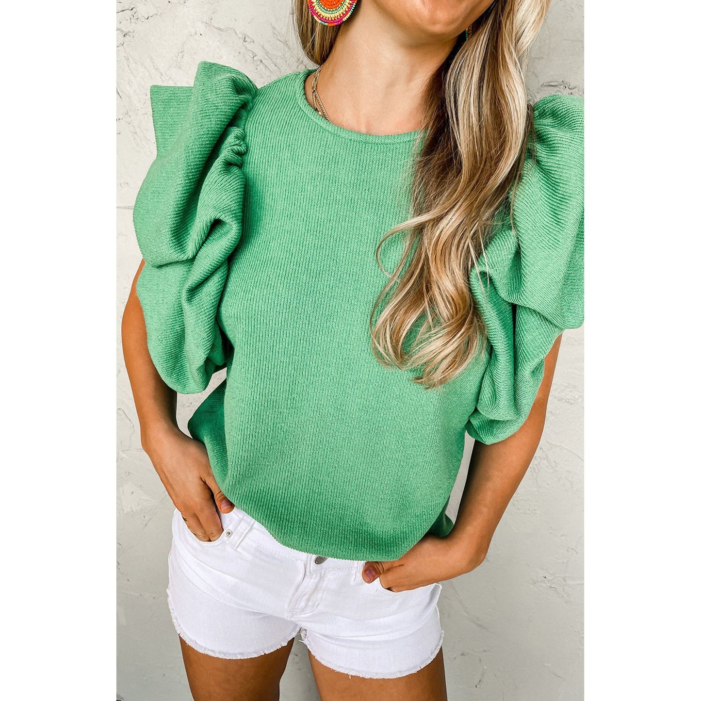 Green Ribbed Knit Puffy Ruffle Sleeve Blouse