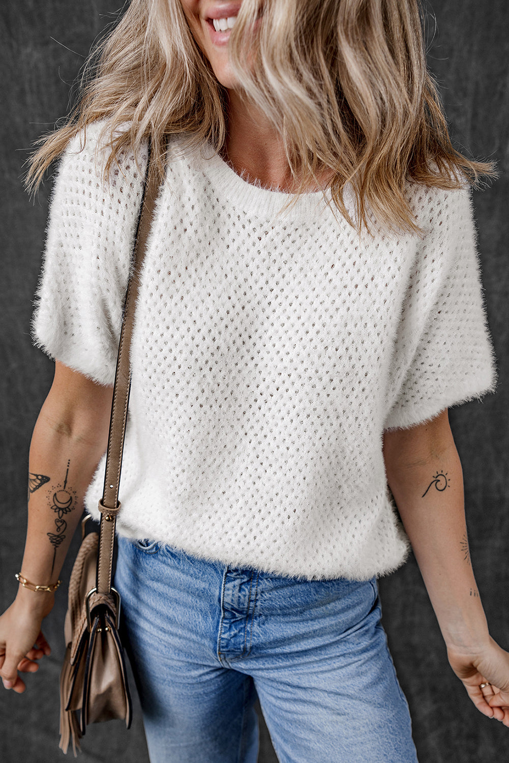 White Fuzzy Eyelet Knitted Sweater