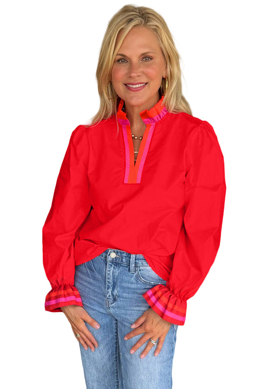 Fiery Red Striped Trim Ruffle Split Neck Long Sleeve Blouse