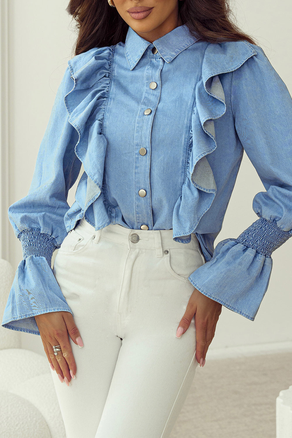 Ruffled Shirred Cuffs Button up Chambray Shirt