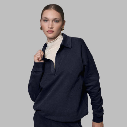 Navy Blue Fold Down Collar Pullover and Joggers Tracksuit