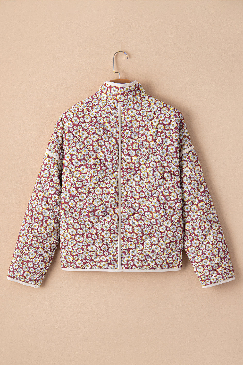 Pink Floral Print Stand Neck Coat