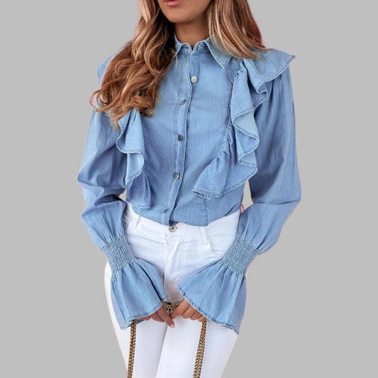 Ruffled Shirred Cuffs Button up Chambray Shirt