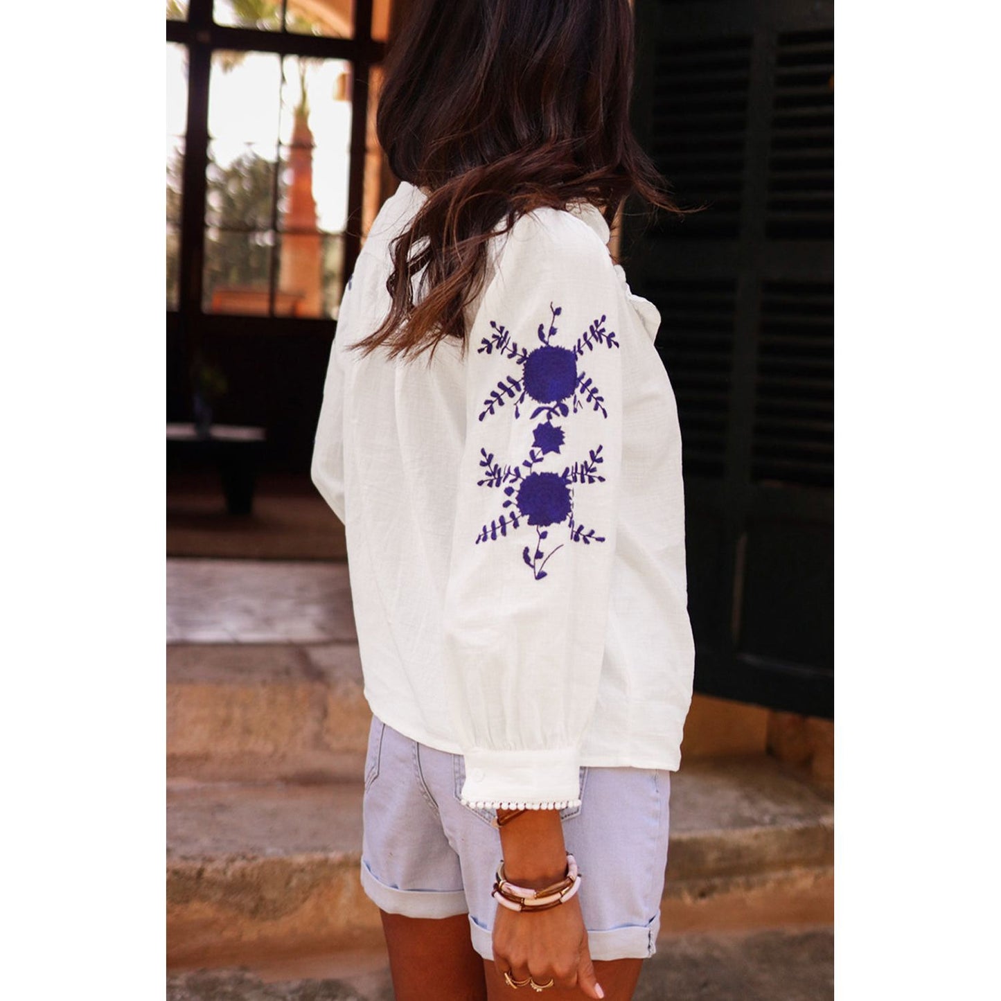 White Floral Embroidered Bracelet Sleeve Shirt