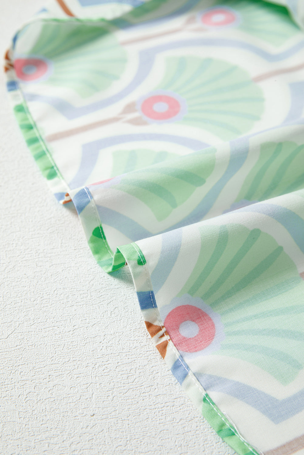 Green Floral Print Ricrac Trim Pop of Color V Neck Bubble Sleeve Blouse