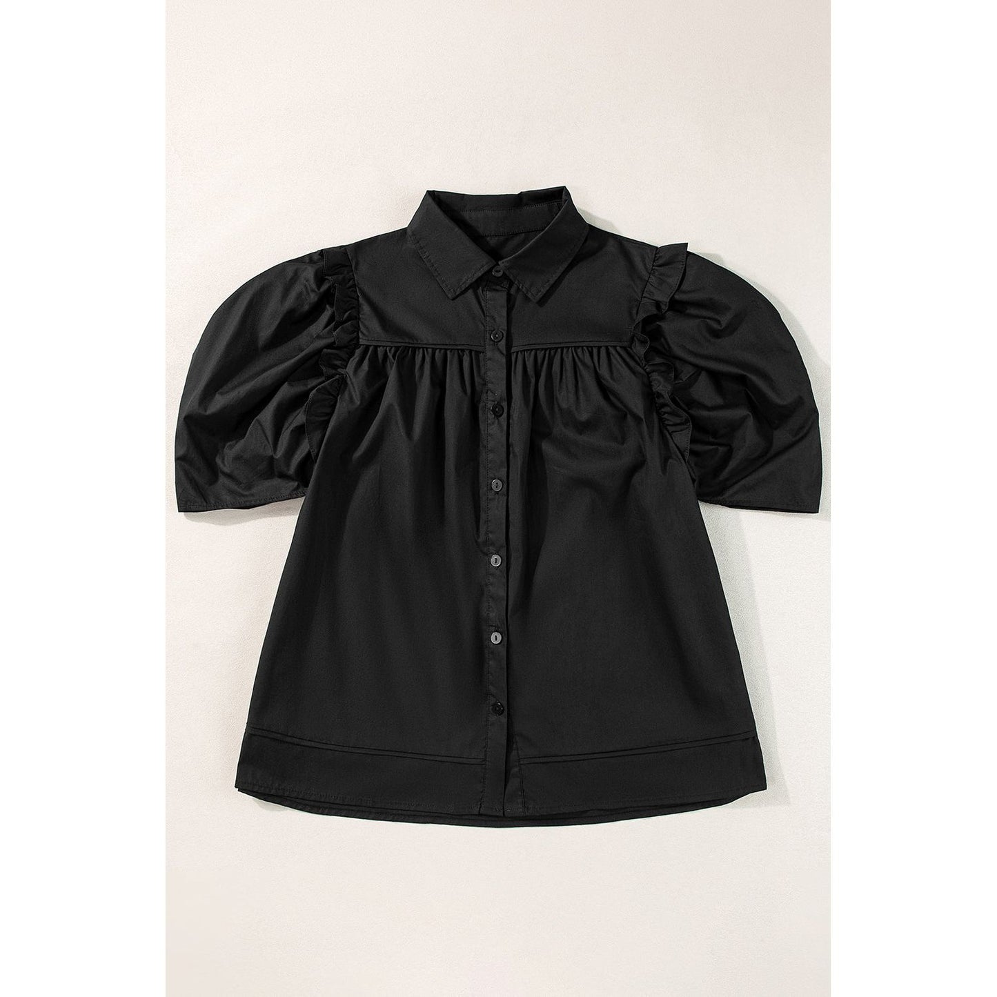 Black Puff Sleeve Loose Buttoned Up Blouse