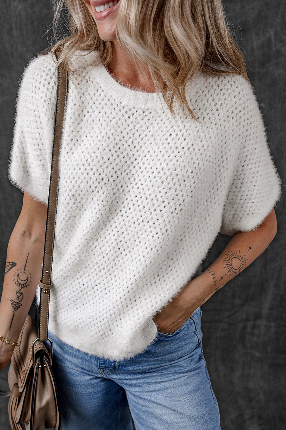 White Fuzzy Eyelet Knitted Sweater