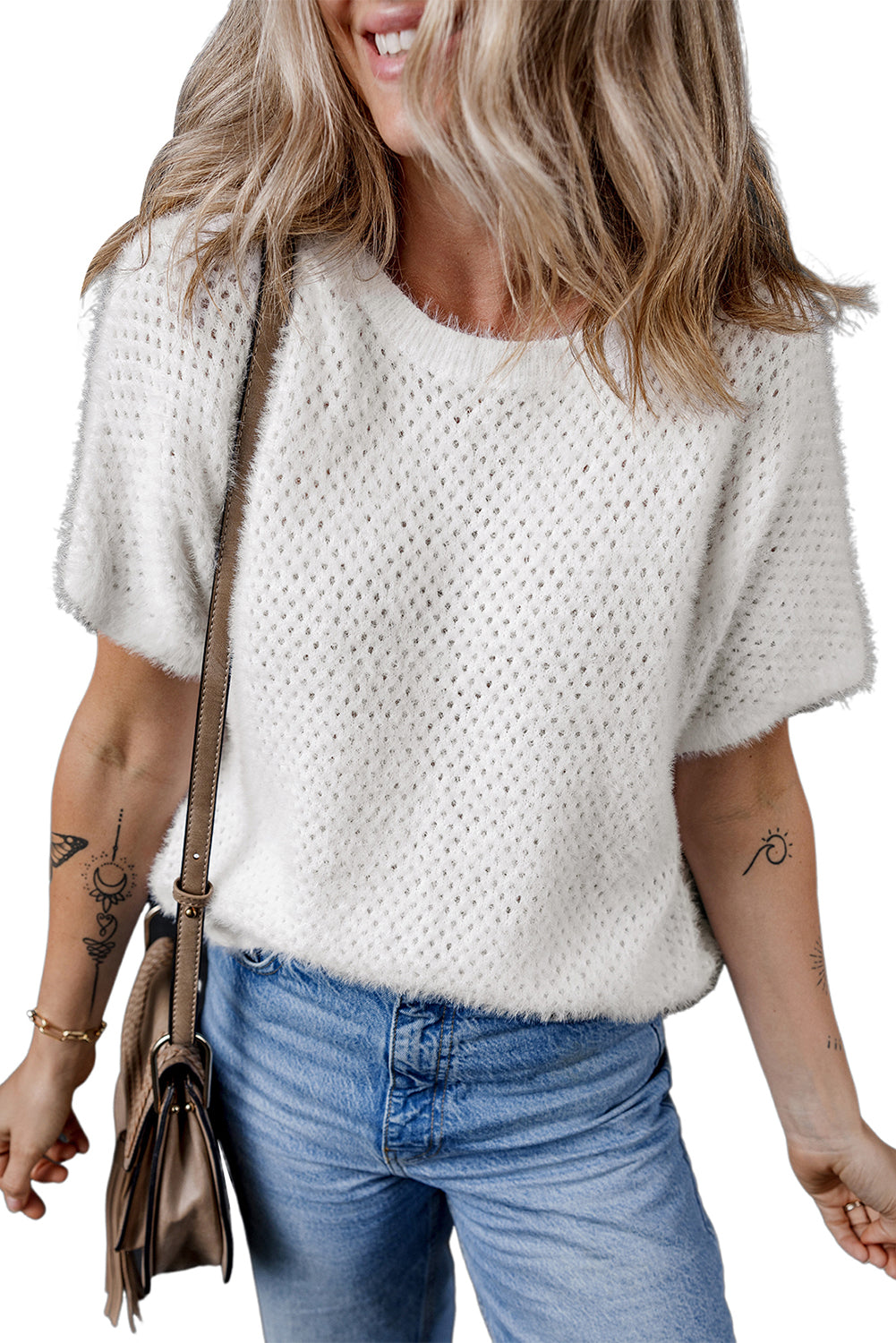 White Fuzzy Eyelet Knitted Sweater