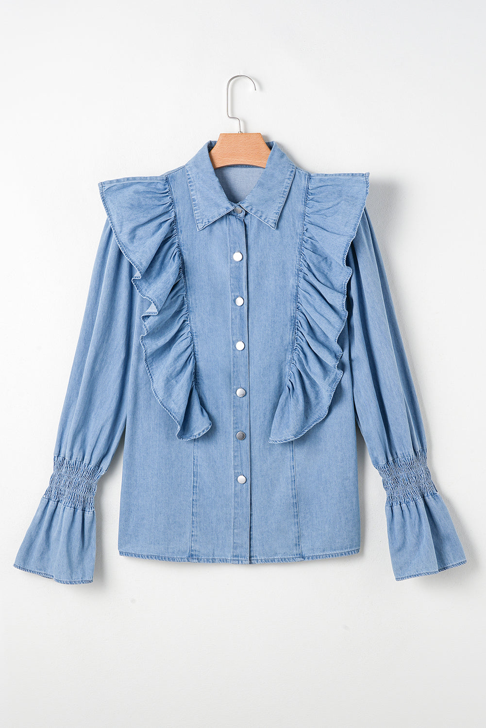 Ruffled Shirred Cuffs Button up Chambray Shirt