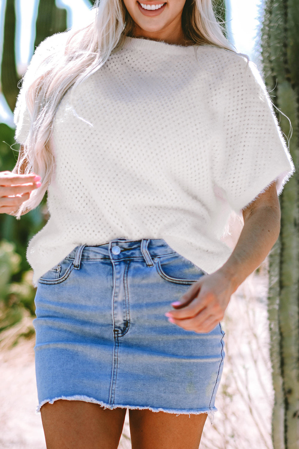 White Fuzzy Eyelet Knitted Sweater