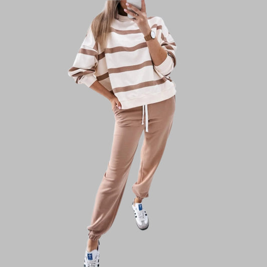 Light French Beige Striped Drop Shoulder Pullover and Joggers Set