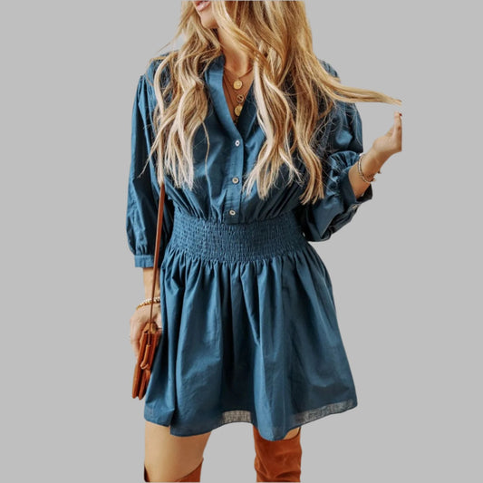 Prussian Blue 3/4 Sleeve Shirred High Waist Buttoned Mini Dress