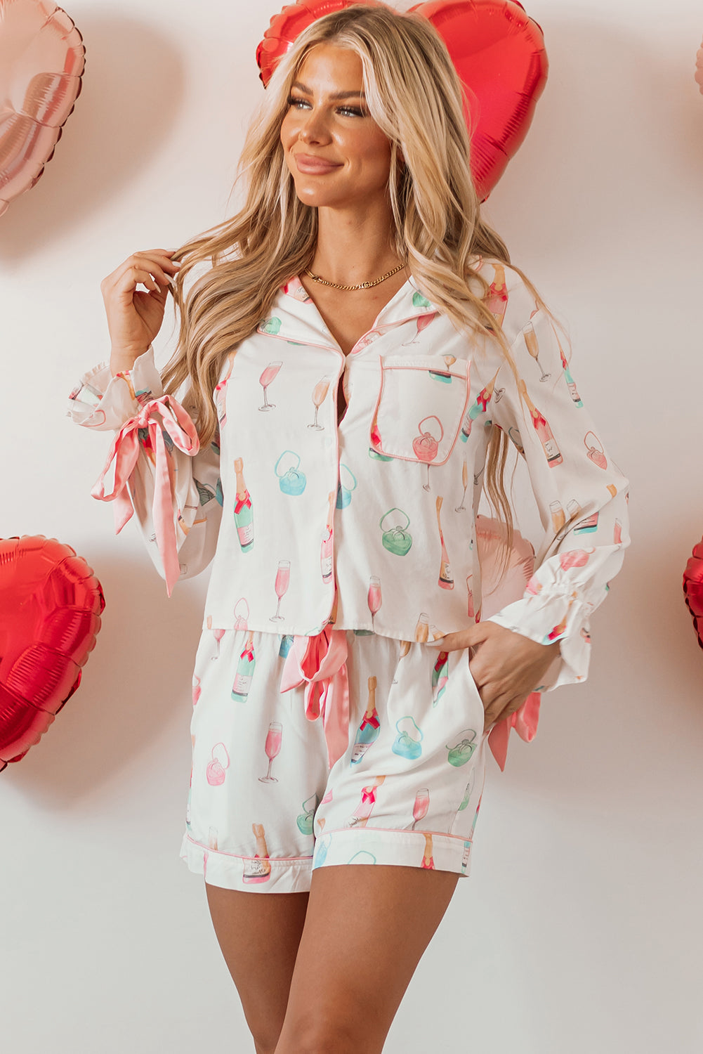 Wine Glass Print Bow Knot Two Piece Pajama Set