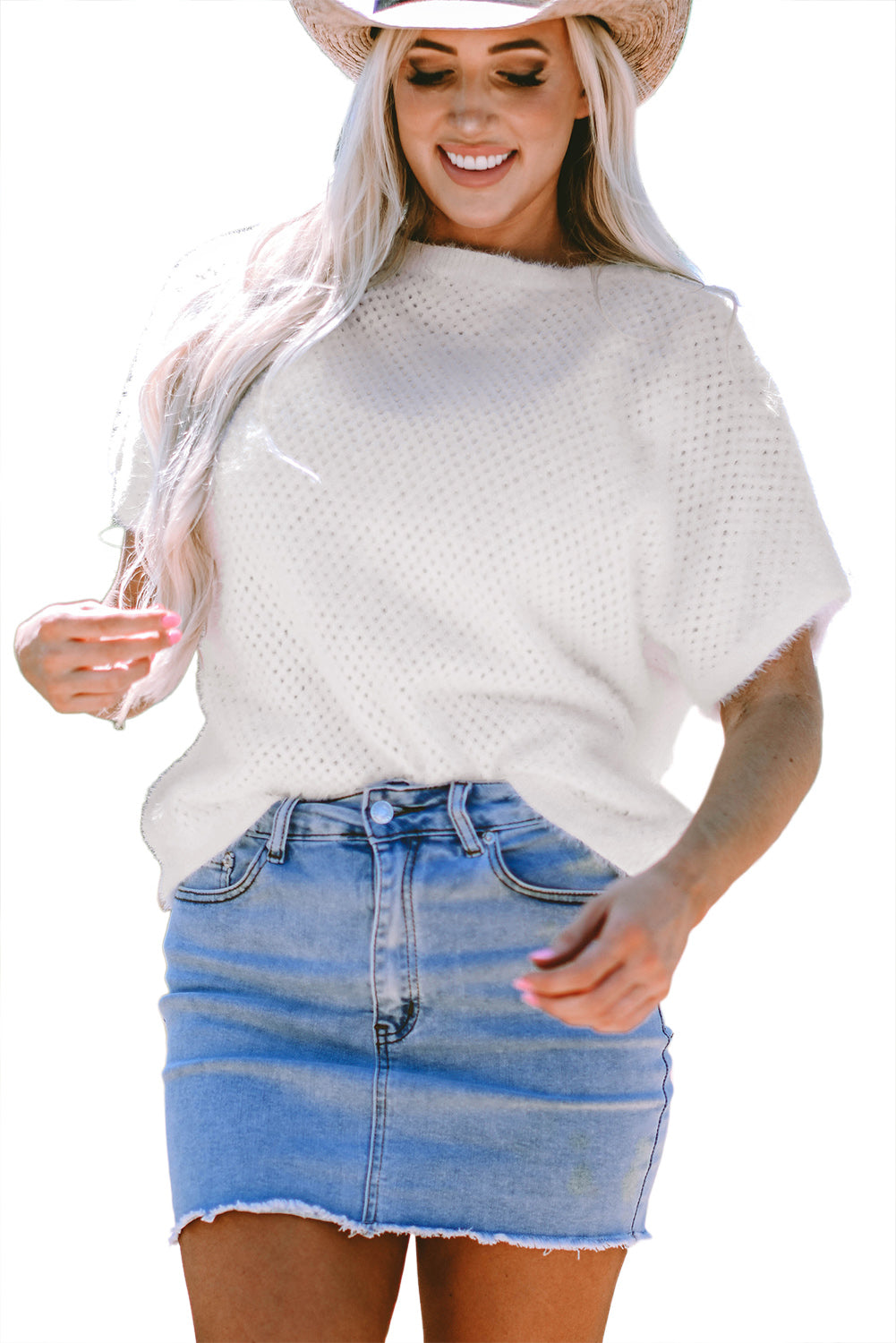 White Fuzzy Eyelet Knitted Sweater