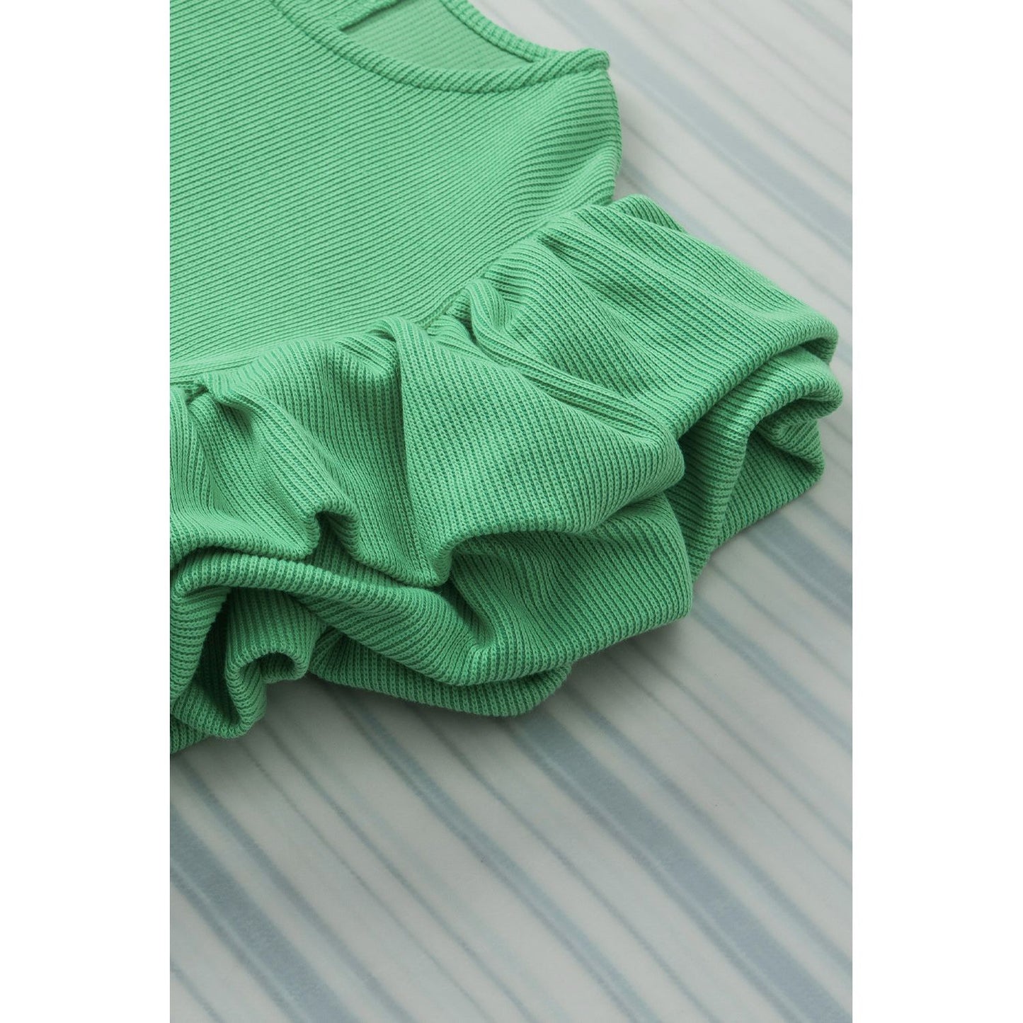 Green Ribbed Knit Puffy Ruffle Sleeve Blouse