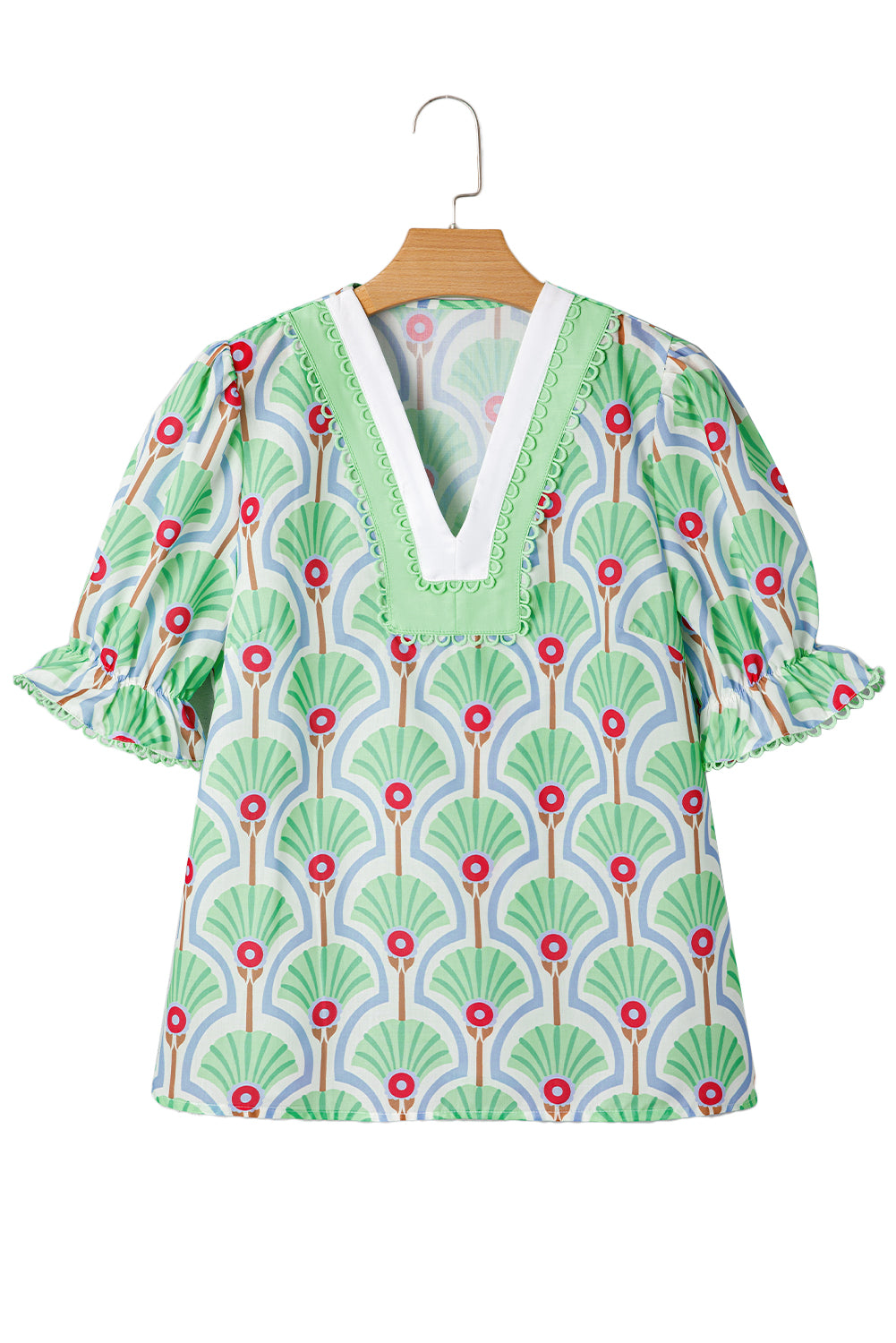Green Floral Print Ricrac Trim Pop of Color V Neck Bubble Sleeve Blouse