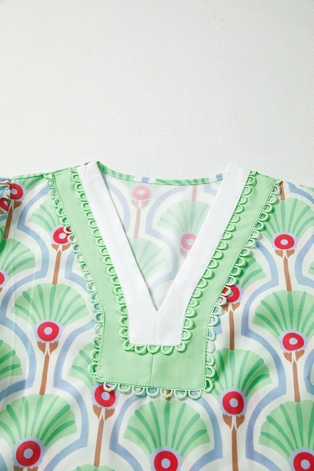 Green Floral Print Ricrac Trim Pop of Color V Neck Bubble Sleeve Blouse