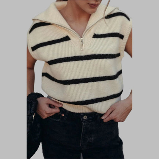 White Stripe Zipped Collar Cap Sleeve Knit Top