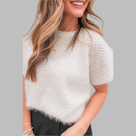 White Fuzzy Eyelet Knitted Sweater