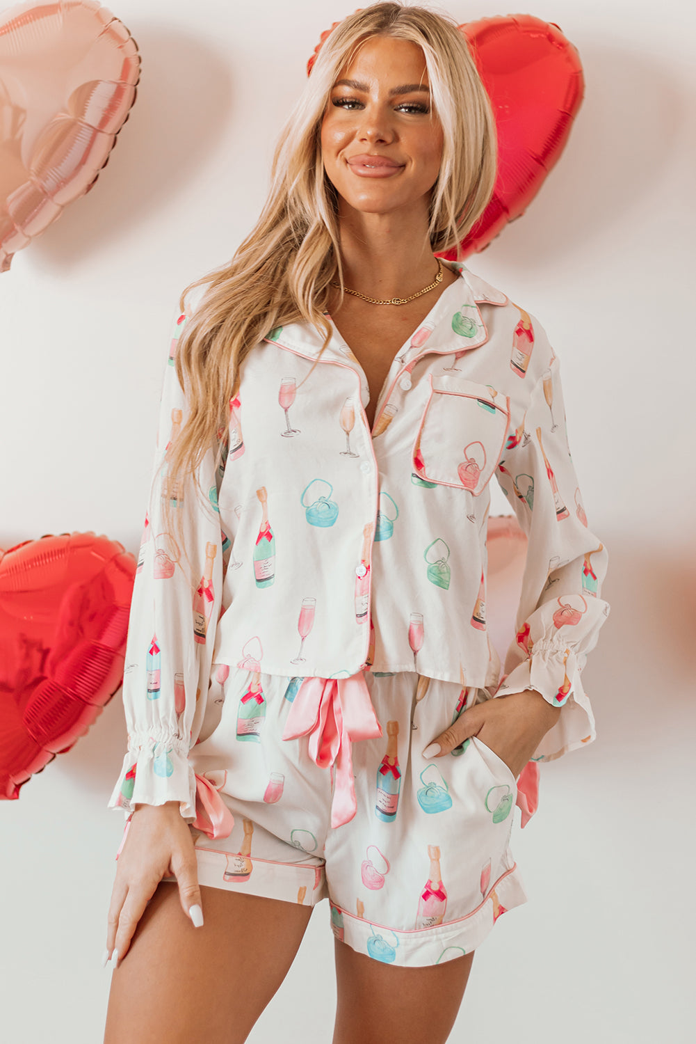 Wine Glass Print Bow Knot Two Piece Pajama Set