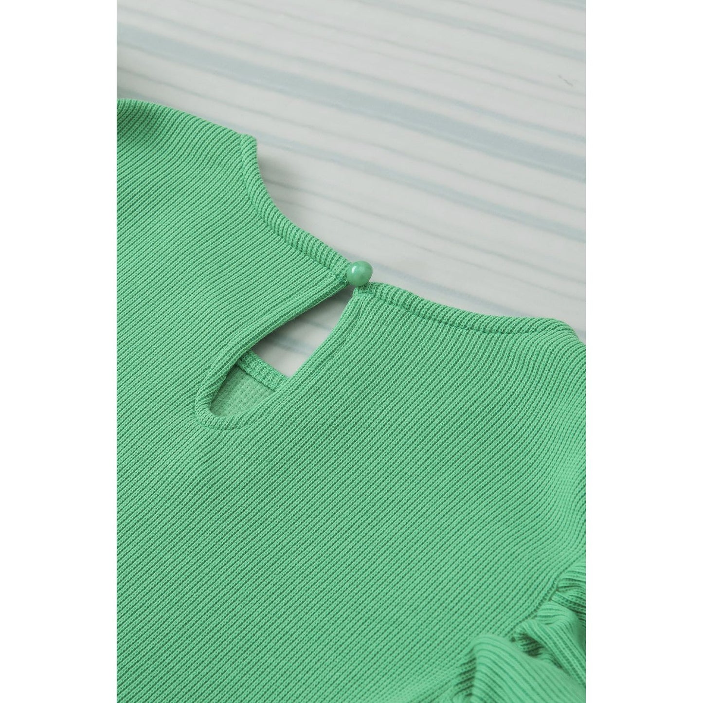 Green Ribbed Knit Puffy Ruffle Sleeve Blouse