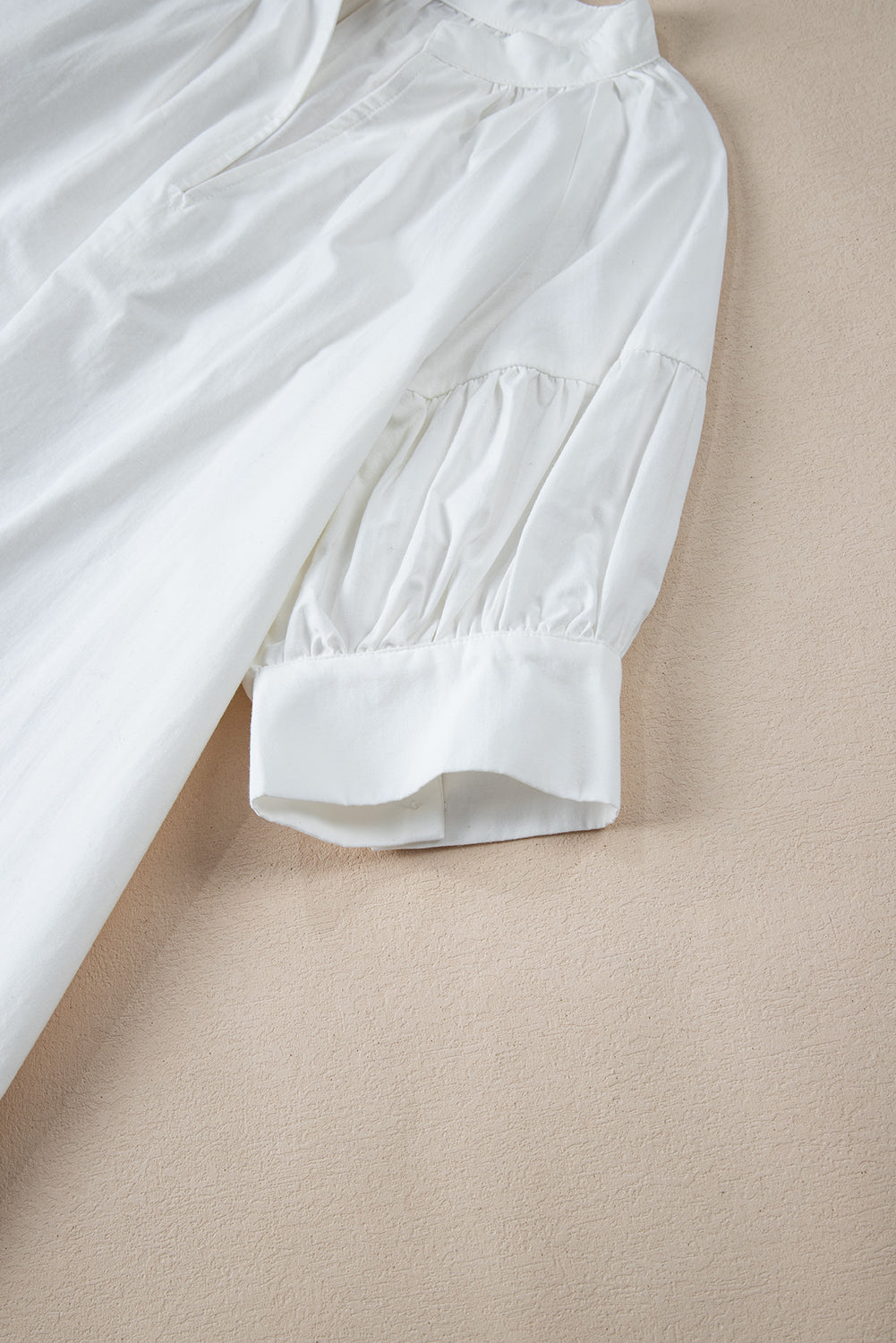 White Solid Color Ruched Bubble Sleeve V Neck Shirt