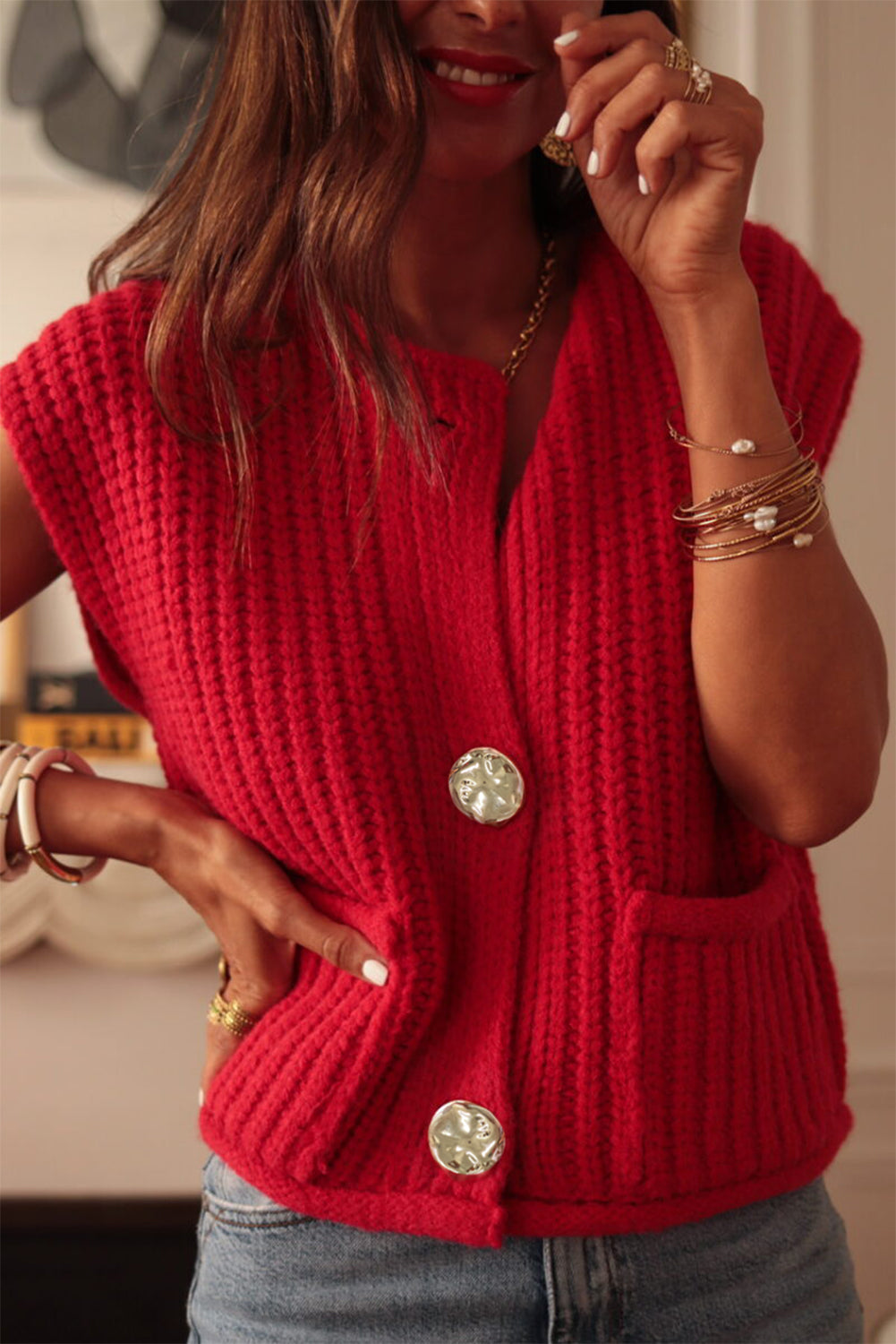 Red Solid Knit Sweater Vest