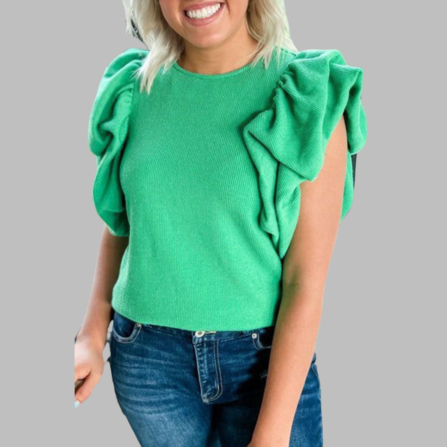 Green Ribbed Knit Puffy Ruffle Sleeve Blouse