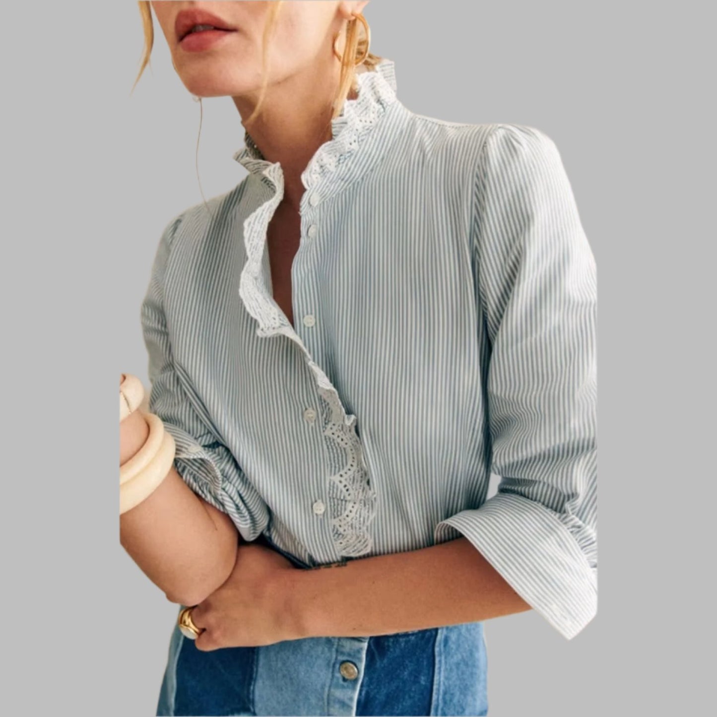 Sky Blue Stripe Frilled Trim Long Sleeve Shirt