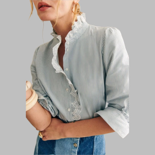 Sky Blue Stripe Frilled Trim Long Sleeve Shirt