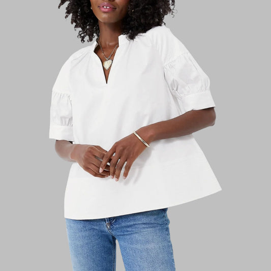 White Solid Color Ruched Bubble Sleeve V Neck Shirt