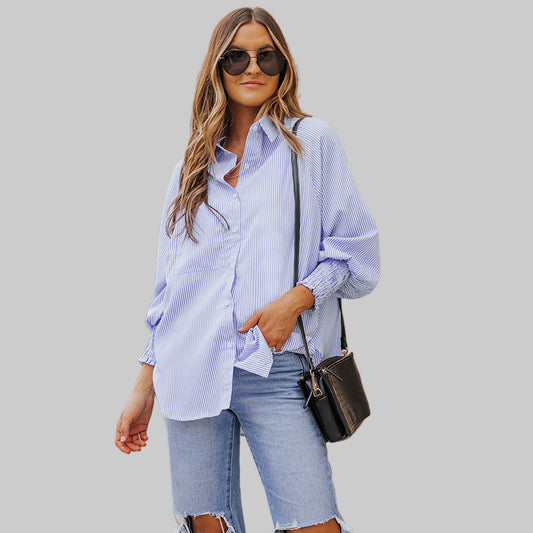 Light Blue Casual Striped Shirred Cuffs Shirt