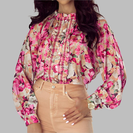 Pink Floral Print Ruffled Stitch Shirt