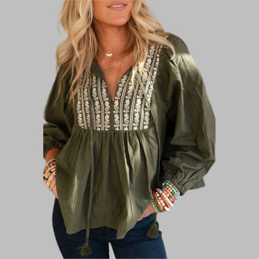 Green Embroidered Split Neck Pleated Loose Blouse