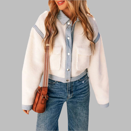 White Contrast Trim Buttoned Sherpa Jacket