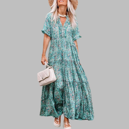 Sky Blue Paisley Print  Boho Maxi Dress