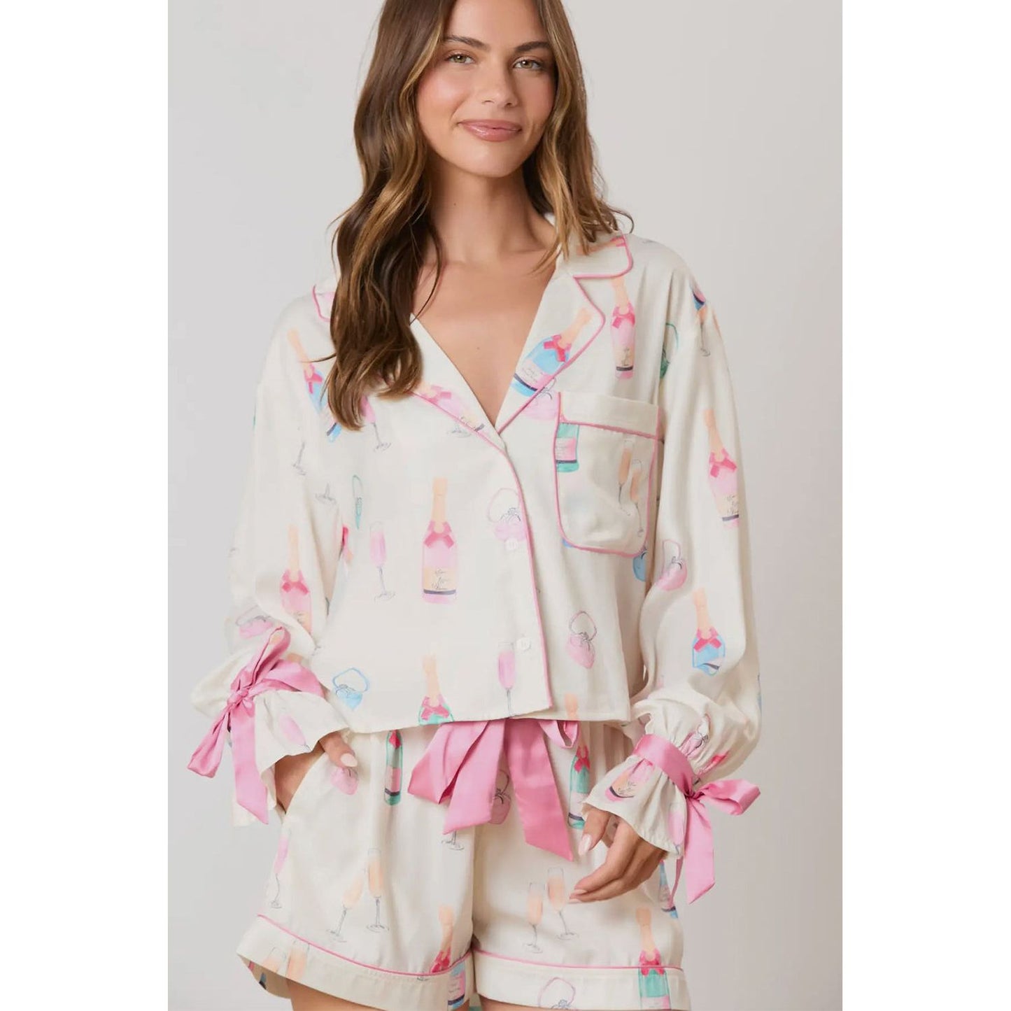 Wine Glass Print Bow Knot Two Piece Pajama Set