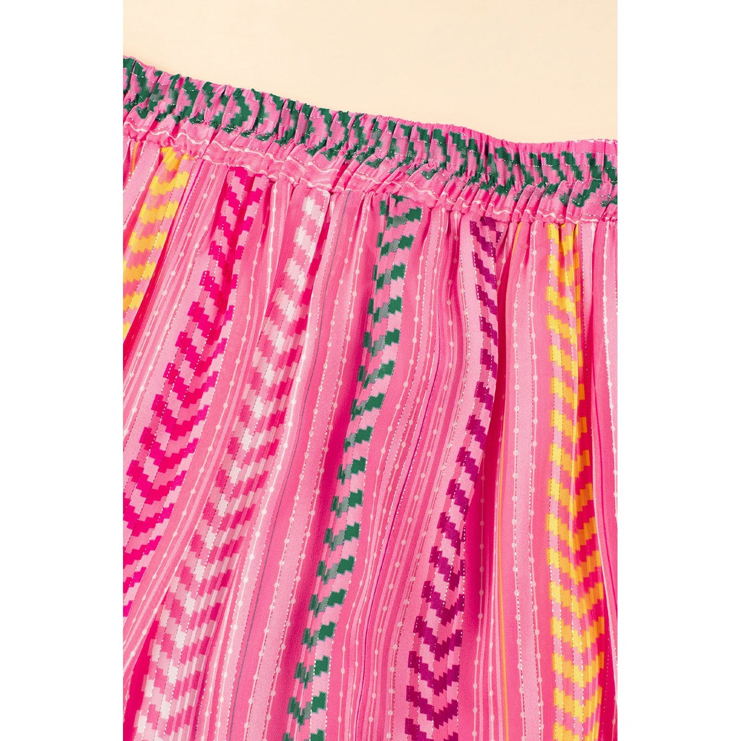 Pink Boho Printed Tasseled Drawstring Ruffled Maxi Skirt