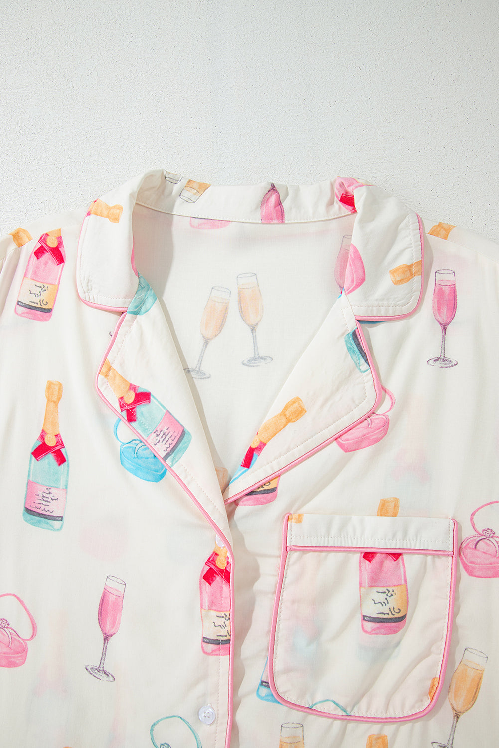 Wine Glass Print Bow Knot Two Piece Pajama Set